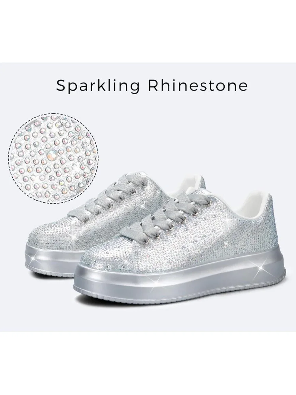 🆕Women's Silver Sparkly Glitter Bling Tennis Rhinestone Platform Sneakers
